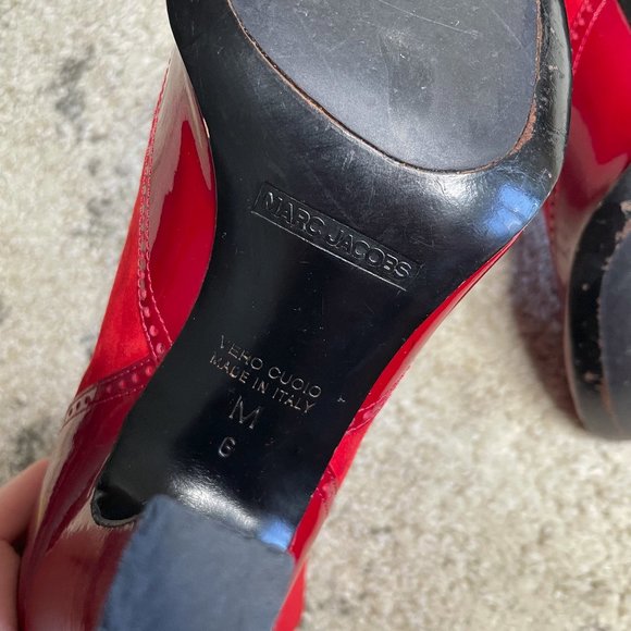 Marc Jacobs Red Patent Leather and Suede Bootie with Leopard Fur Lining size 6 - Picture 6 of 11